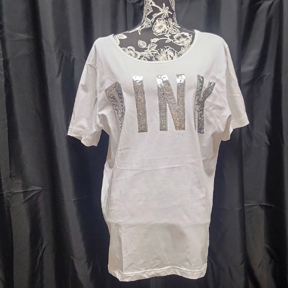 White T-Shirt with Silver Sequin Letters